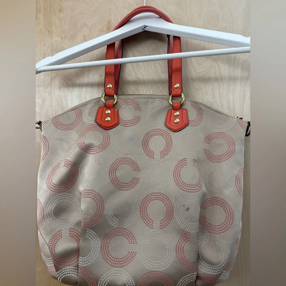 Coach Ashley Peach Khaki Dotted Op Art Signature Satchel. - Picture 14 of 16
